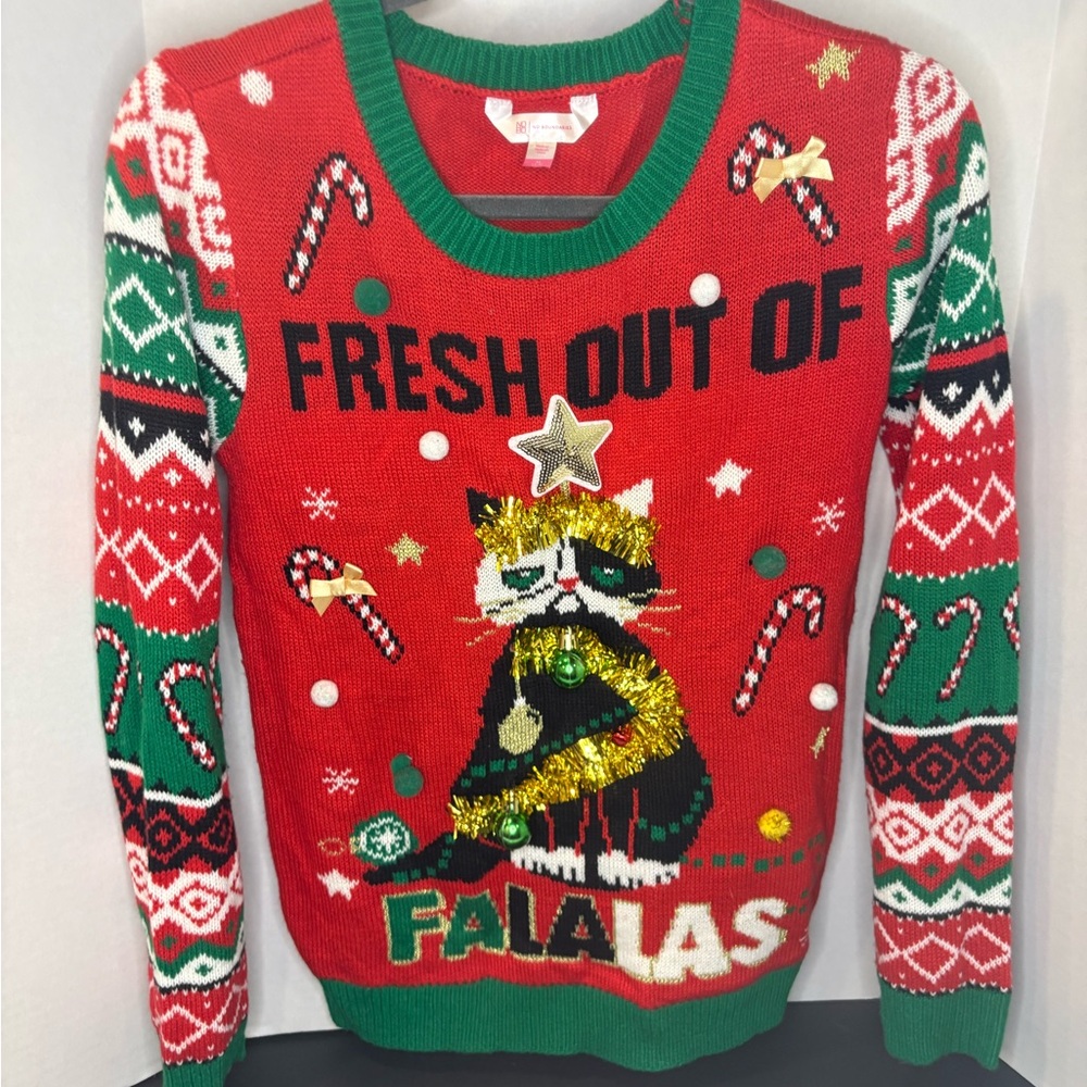 No Boundaries Red and Green Festive Cat Sweater